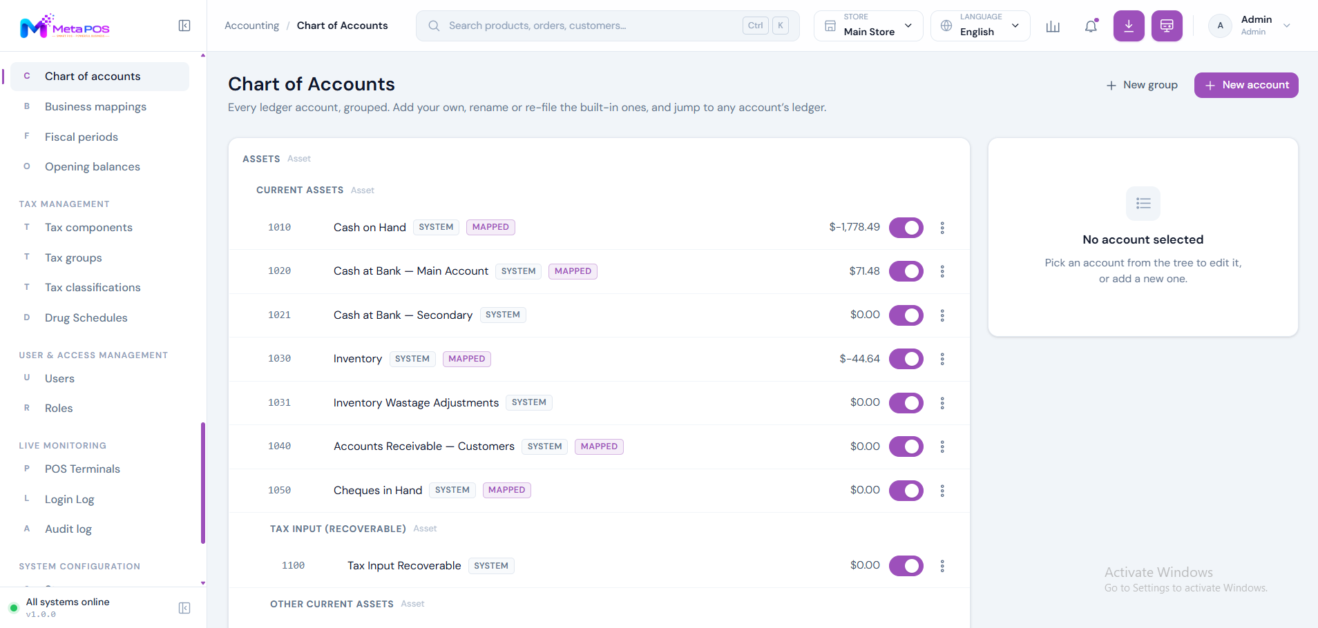 The Chart of accounts screen listing accounts grouped by type