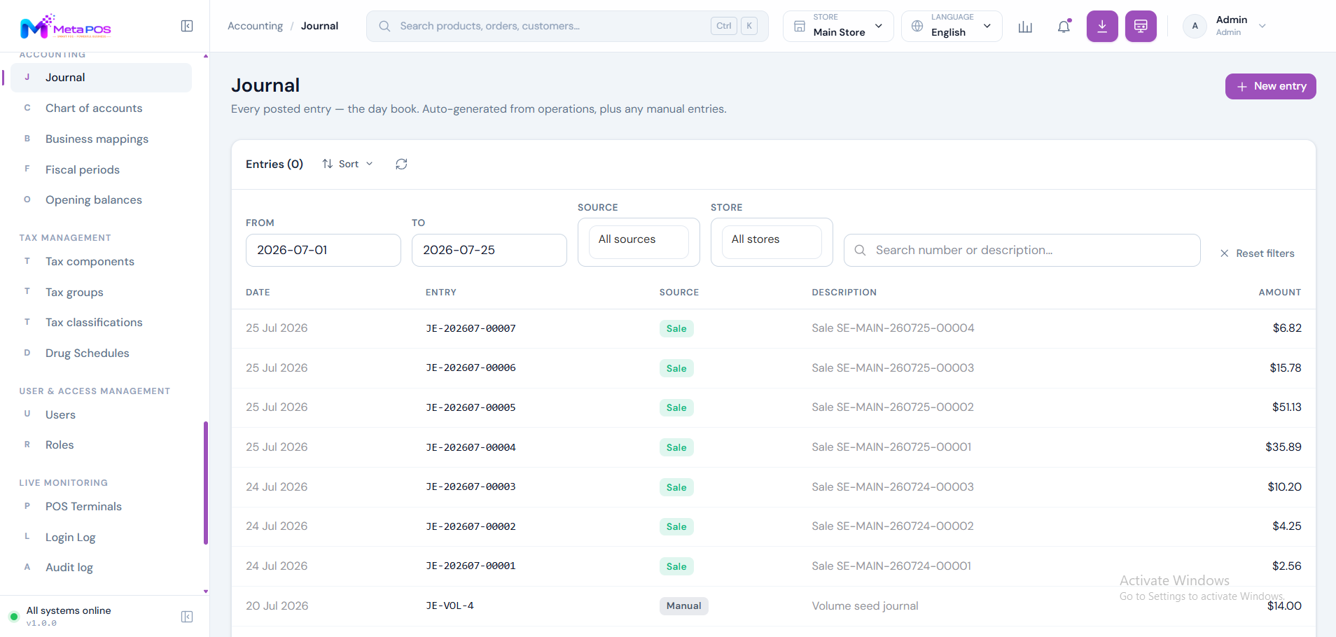 The Accounting menu showing the chart of accounts, journal and financial reports