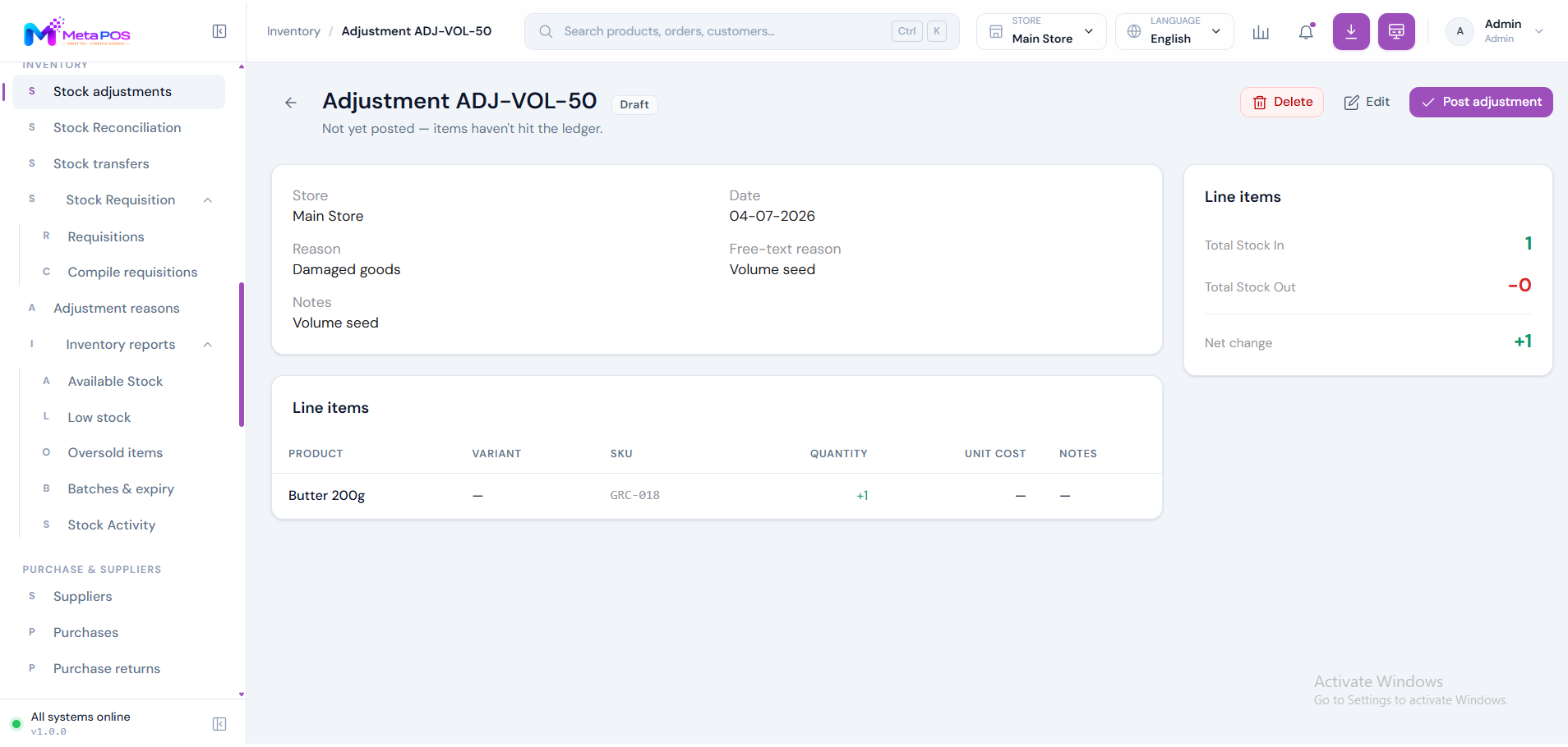 The stock adjustment editor with product lines, In/Out direction and a reason