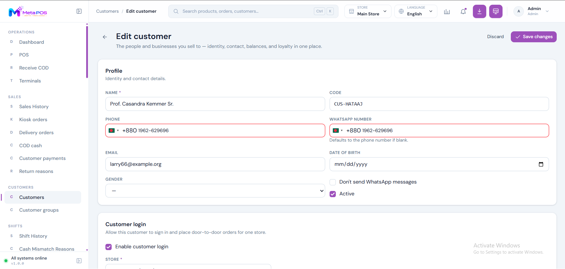The customer edit form showing name, phone, group, discount and credit limit fields