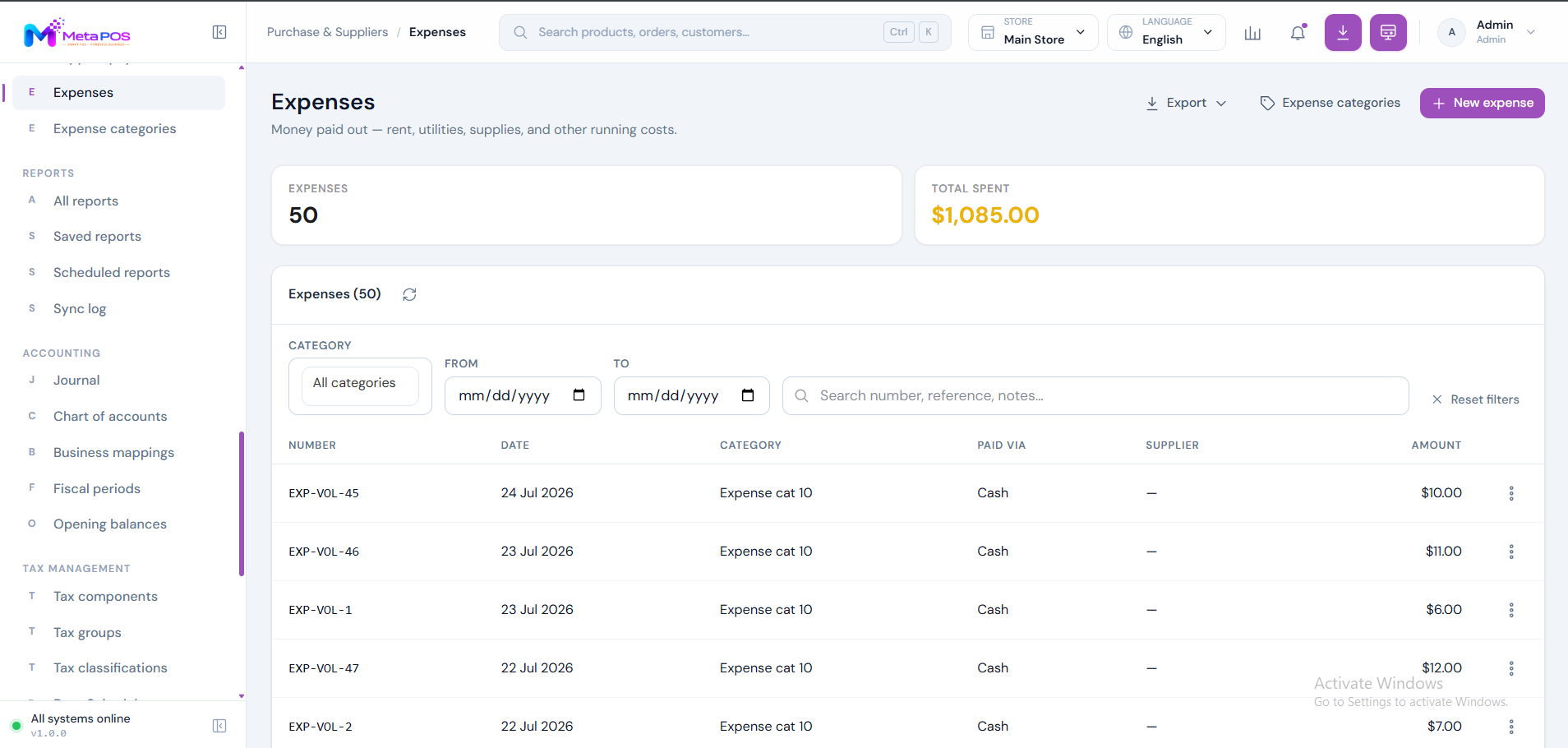 The Expenses screen listing recorded expenses with date, category and amount