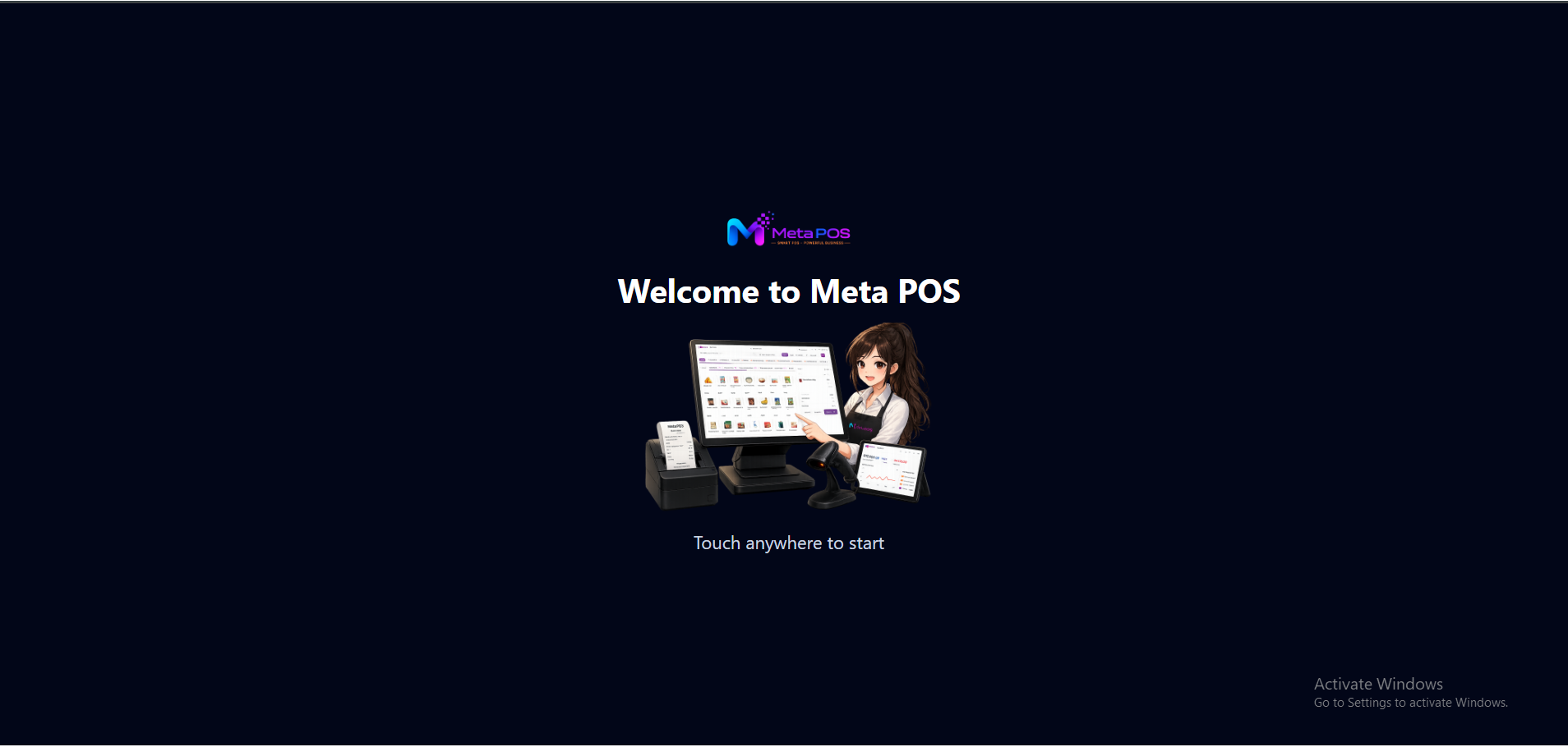 The kiosk welcome screen showing the store name and a Touch anywhere to start button