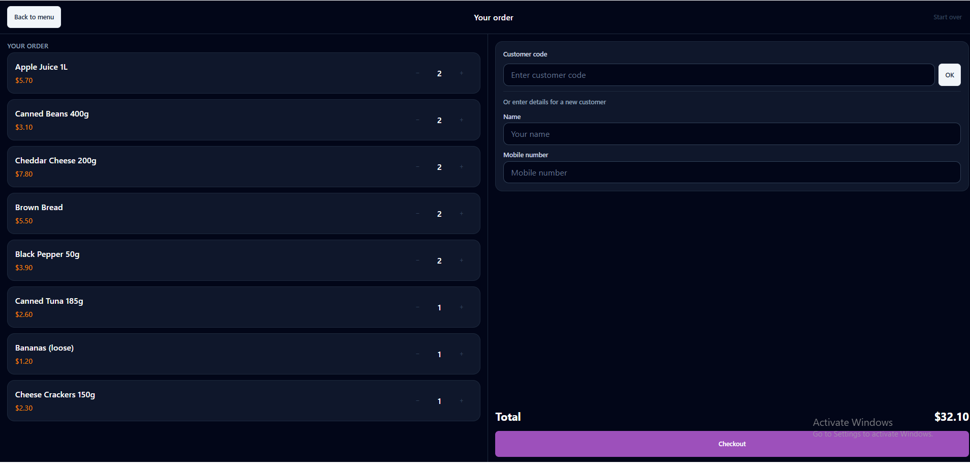 The kiosk basket screen listing two items with quantity steppers, an optional note field, the order total, and Pay now and Order and pay at counter buttons