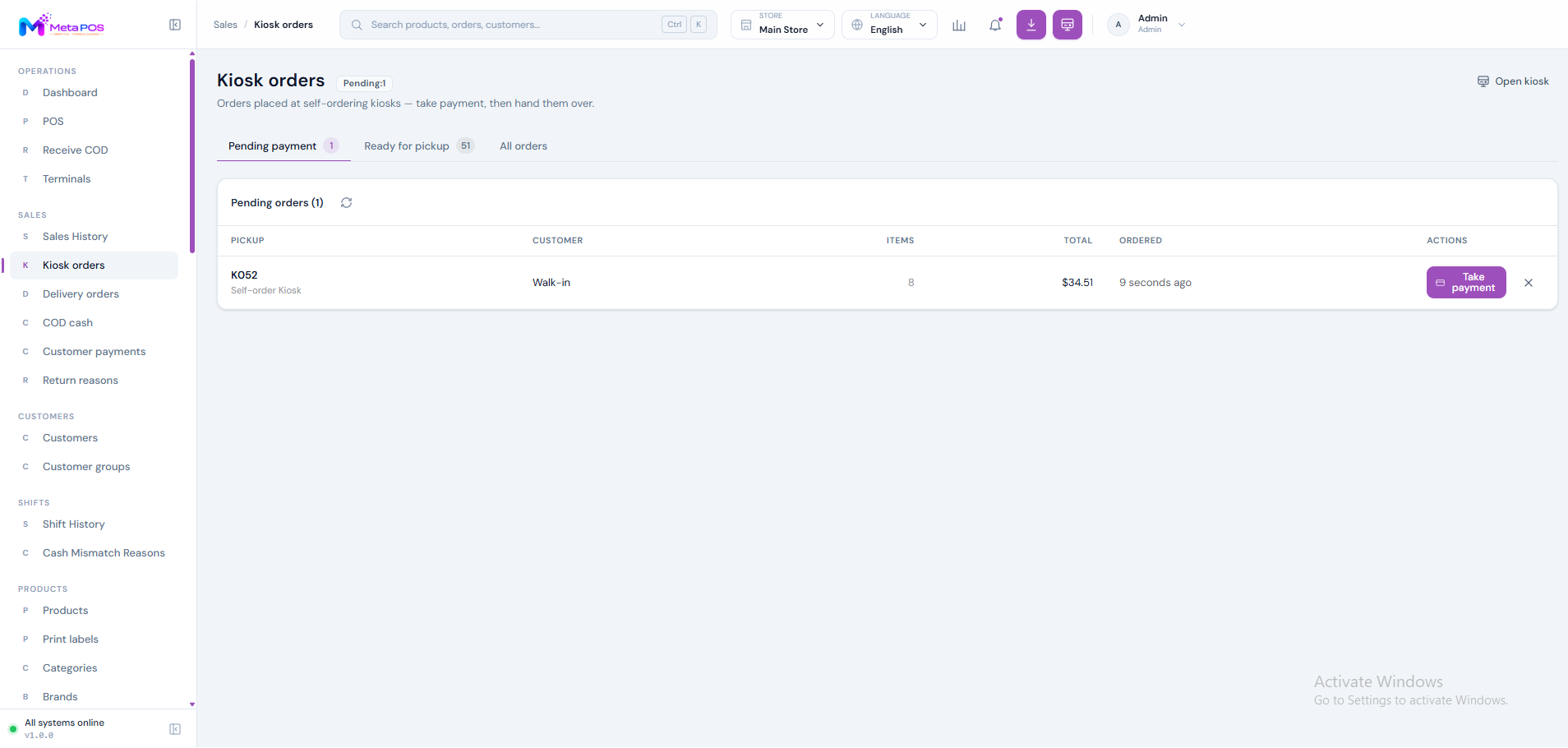 The staff kiosk orders queue listing pending orders by pickup number with a Take payment button