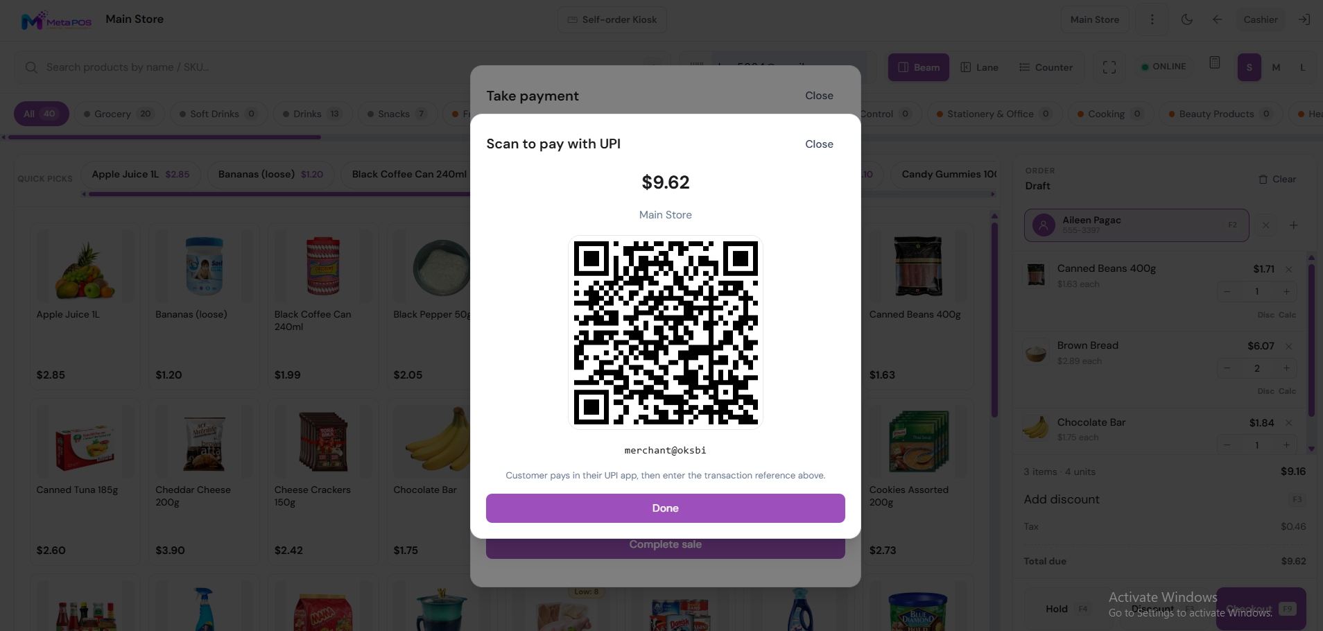 Charge via QR payment screen showing a scannable QR code for the customer