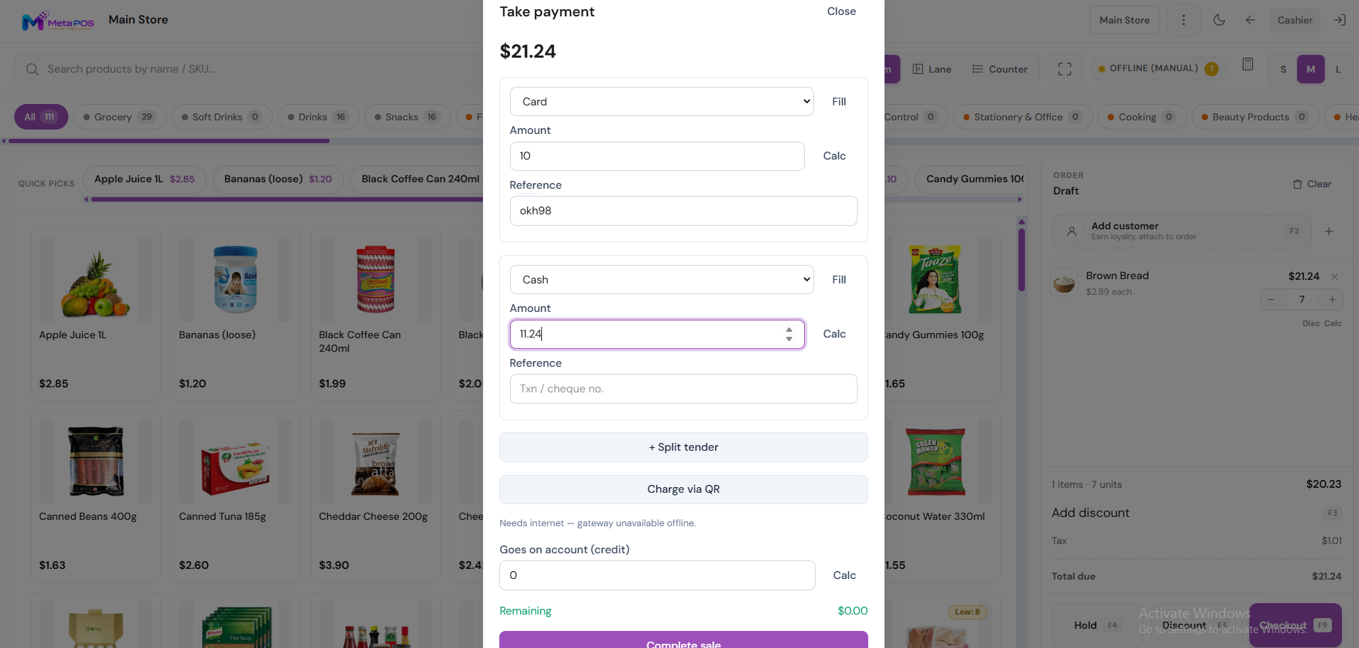 Split tender payment window with a tally strip showing paid and remaining amounts