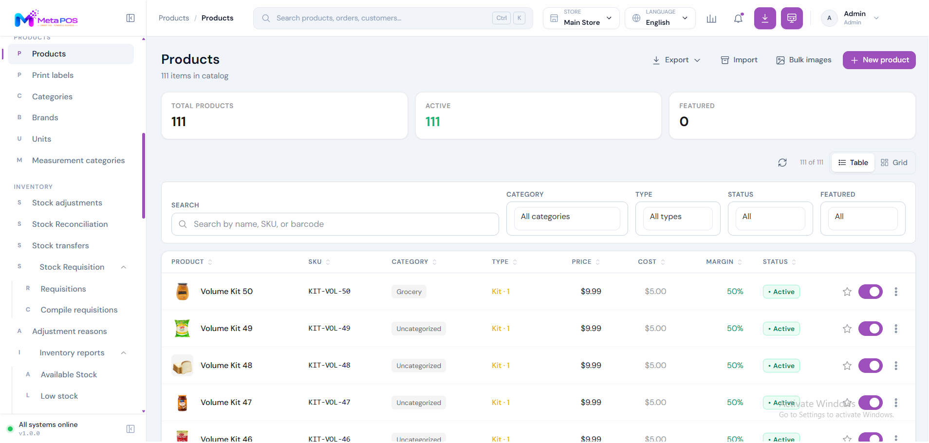 The products list with images, codes, stock, prices and a status switch on each row