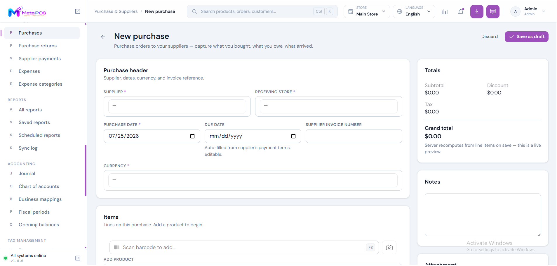 The purchase form with a supplier chosen and a table of items, quantities and cost prices
