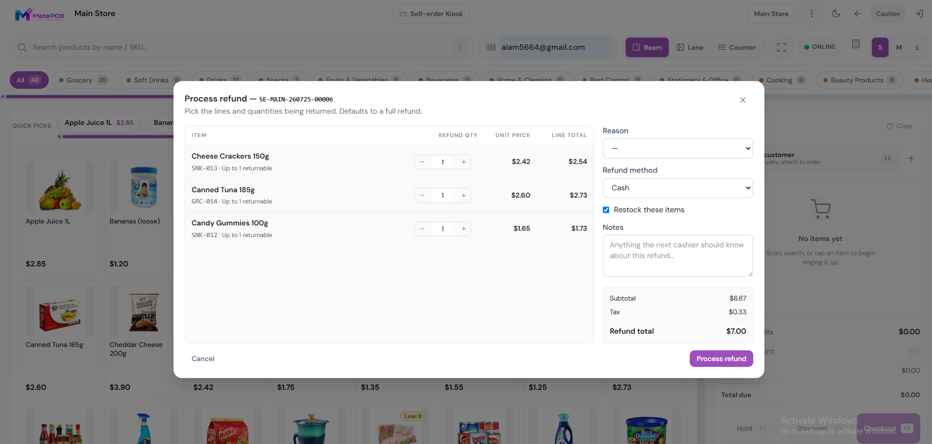 The refund window showing returnable items, quantities, a reason and the refund total
