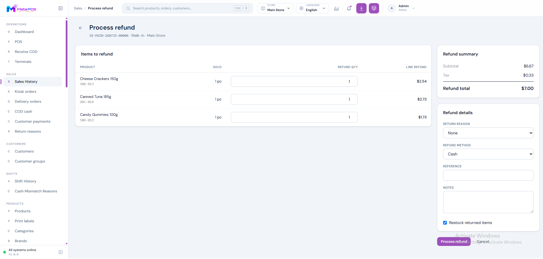 The refund window with the refund method set to Use original method