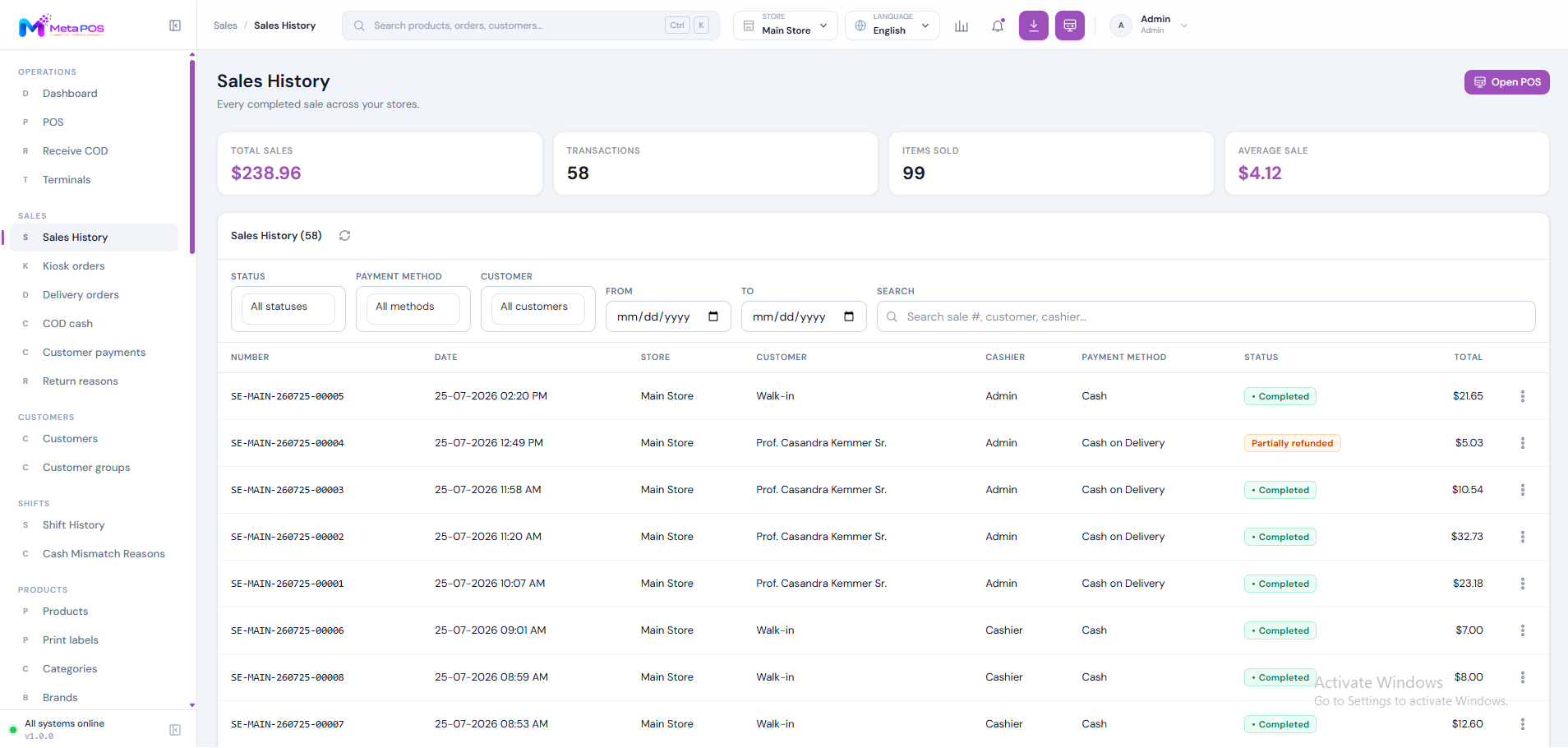 The Sales history list showing sale numbers, dates, customers, totals and status badges