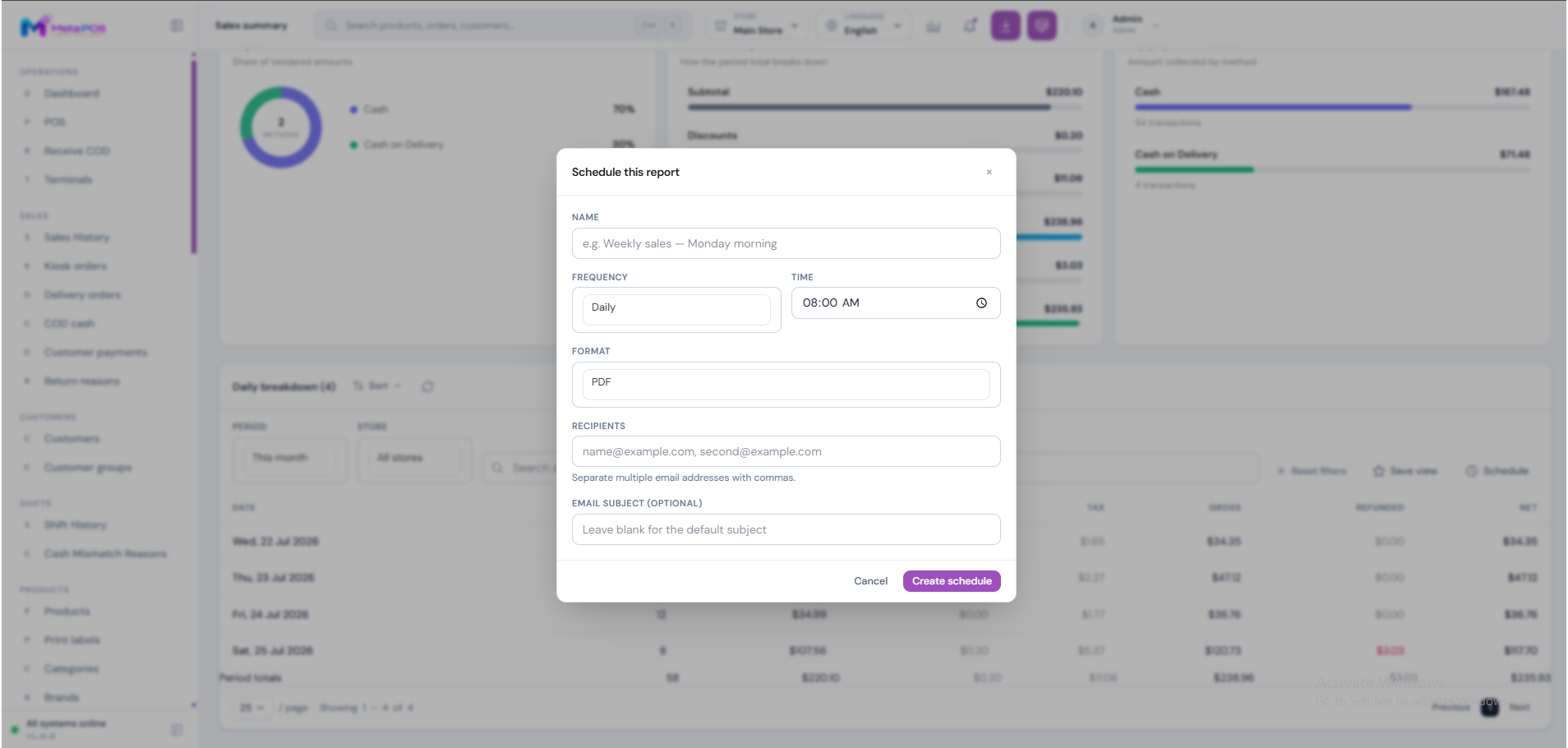 The Schedule this report window with frequency, format and recipient fields