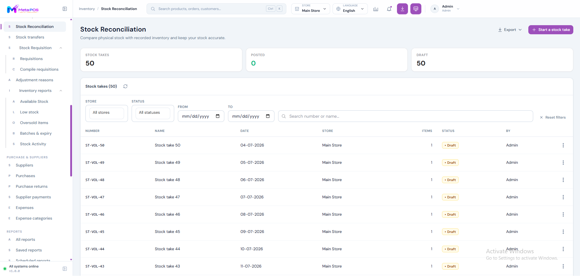 The stock reconciliation screen showing expected and counted quantities side by side
