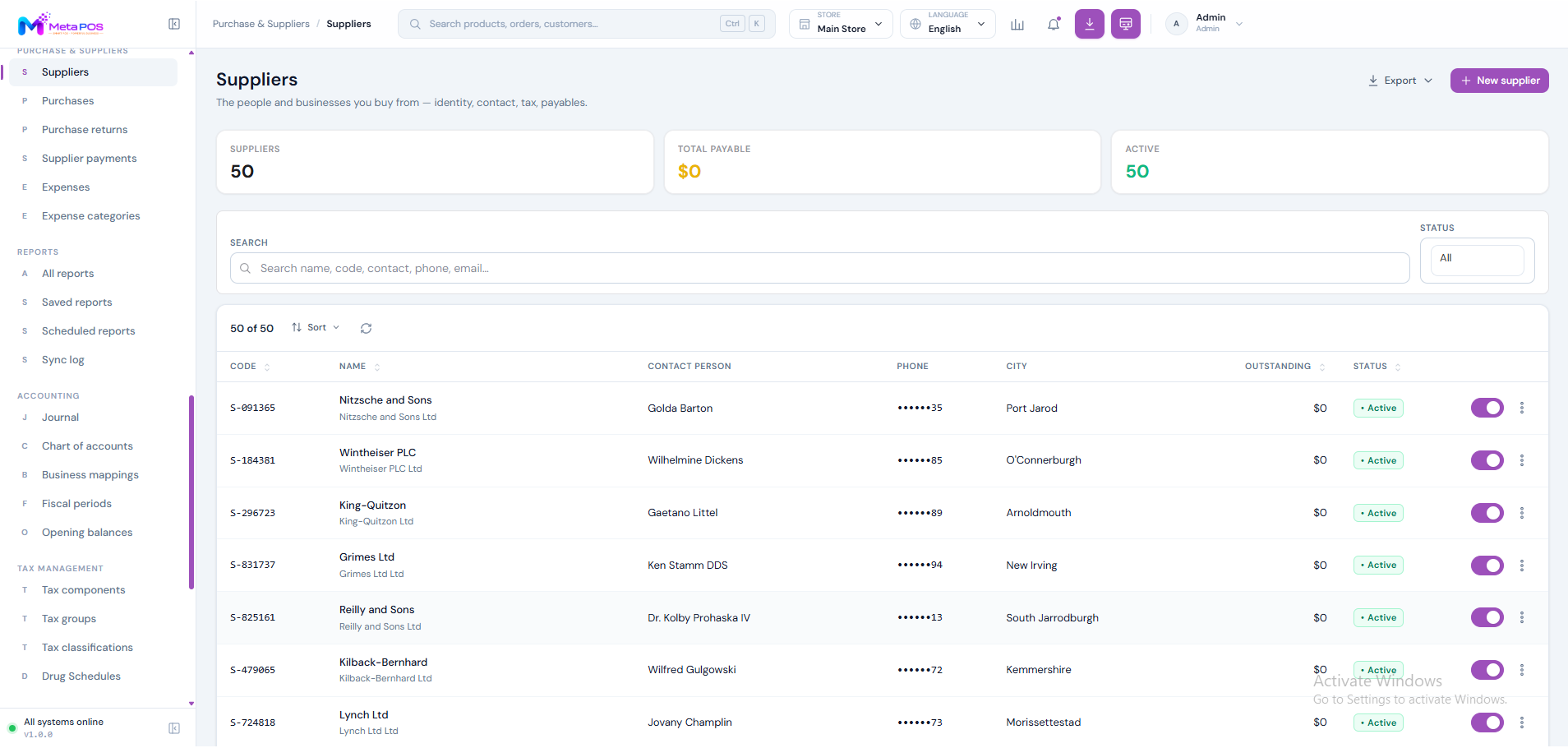 The supplier list showing names, contact details and outstanding balances