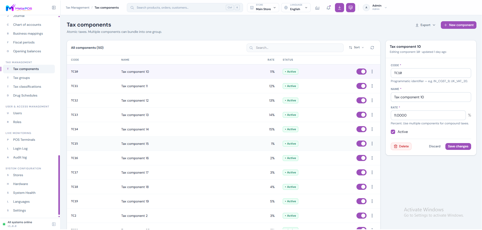 The Tax components screen listing individual taxes and their rates