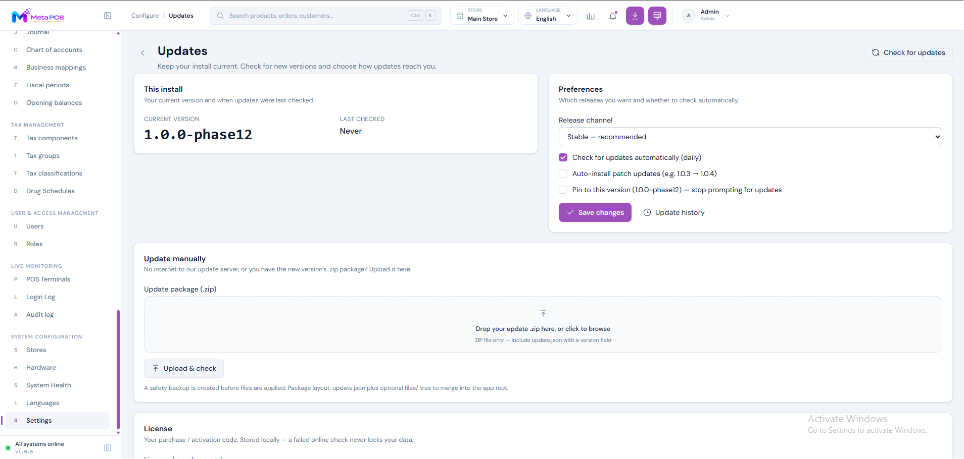 The Updates page showing the current version and an available update with release notes