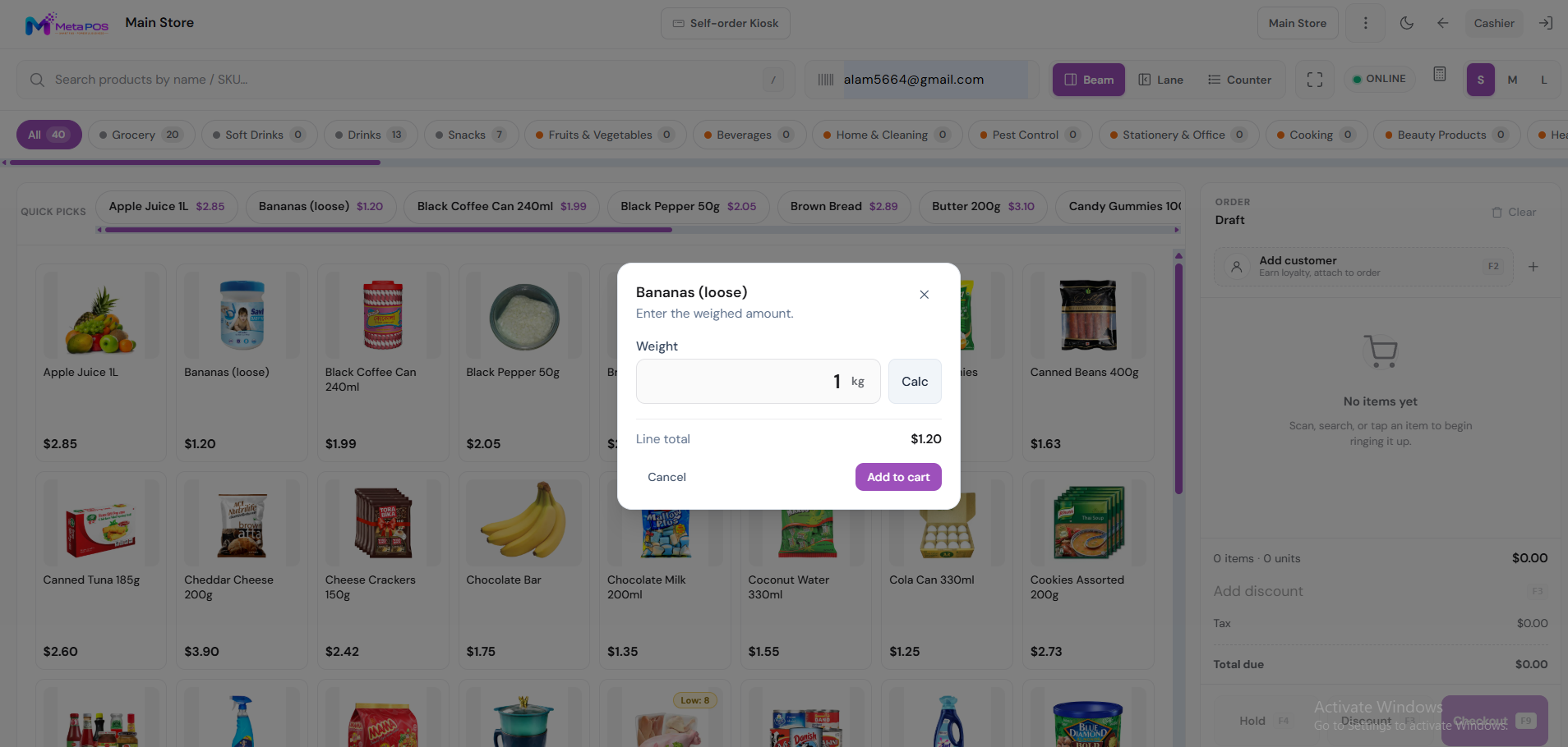 The weight-prompt window asking for the weight of a loose item on the POS screen